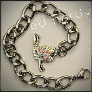 Ed Hardy Silver Bracelet with Multicolor Butterfly Charm